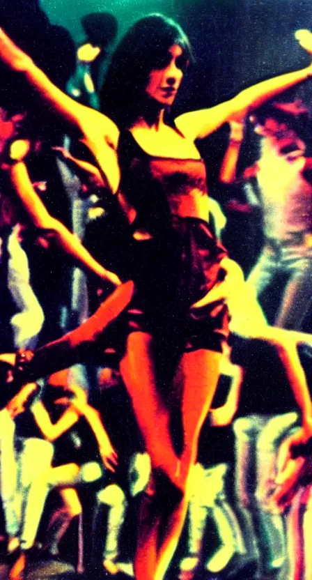 Image similar to antichrist dancing at Studio 54, disco, saturated color, high contrast, depth of field, 1976, bad vhs