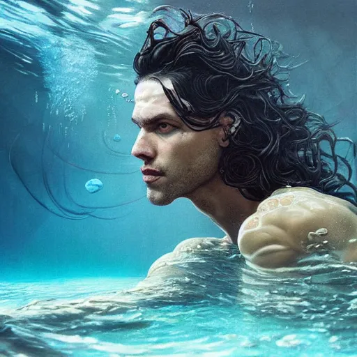 Prompt: a beautiful hyperrealistic hyperdetailed fantasy portrait underwater of a fit muscular man swimming underwater with long flowy curly black hair, by stalenhag and tom bagshaw, dynamic swimming pose, at a distance, 8 k, cryengine