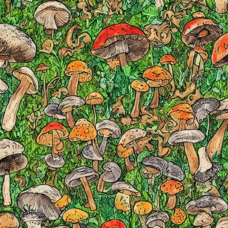 Image similar to a bunch of mushrooms that are on the ground, moss and leaves, a jigsaw puzzle by ursula wood, pinterest contest winner, ecological art, psychedelic, colorful, i can't believe how beautiful this is, seamless pattern, tiling texture