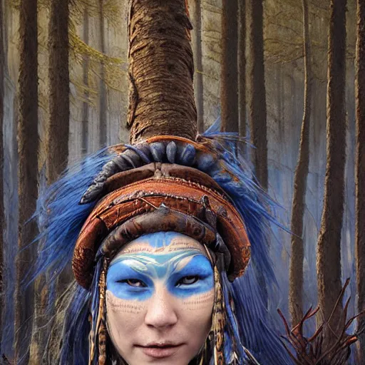 Prompt: matte painting of A young blindfolded shaman woman with a decorated headband from which blood flows, in the style of heilung, blue hair and wood on her head. The background is a forest on fire, made by karol bak and james gurney