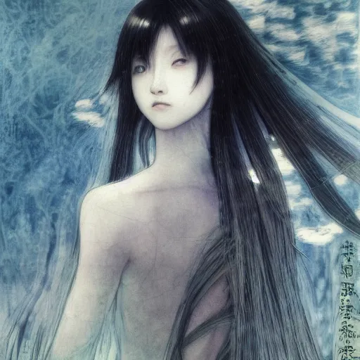 Image similar to yoshitaka amano blurred and dreamy realistic illustration of a young japanese woman with black eyes, wavy white hair fluttering in the wind wearing elden ring armor with engraving, abstract patterns in the background, satoshi kon anime, noisy film grain effect, highly detailed, renaissance oil painting, weird portrait angle, blurred lost edges, three quarter view