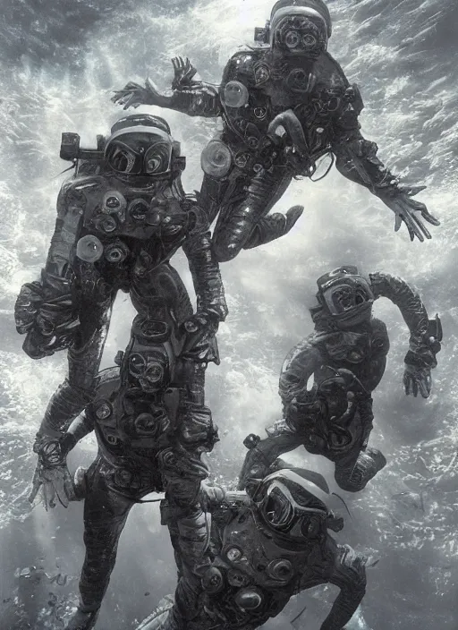 Image similar to astronauts in dark and empty void underwater - complex and hyperdetailed technical suit. reflection and dispersion materials. rays and dispersion of light. volumetric light. 5 0 mm, f / 3 2. noise film photo. flash photography. ultra realistic, wide angle. poster by wayne barlowe, hajime sorayama aaron horkey, craig mullins