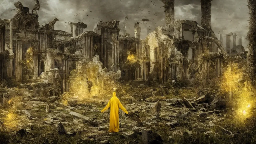 Image similar to King in yellow in middle of a ruins, horror, eldritch, 8K, concept art, DSLR, filmic, HDR, hyperrealism, Unreal Engine, volumetric lighting, Darkart