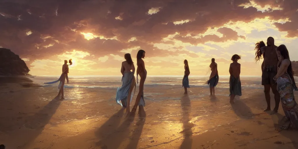 Image similar to four people watching sunset on a beach with a close planet's surface covering most of the sky, intricate, highly detailed, digital painting, trending on artstation, concept art, smooth, illustration, cinematic lighting, art by artgerm and greg rutkowski and alphonse mucha