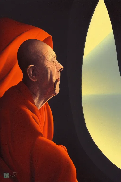 Image similar to portrait of a blind monk in a spaceship, looking out the window, orange robe, dramatic lighting, artstation, matte painting, ralph mcquarrie