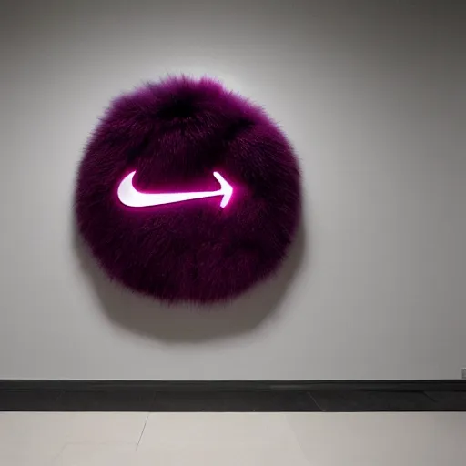 Image similar to nike logo made of very fluffy pink faux fur placed on reflective surface, professional advertising, overhead lighting, heavy detail, realistic by nate vanhook, mark miner