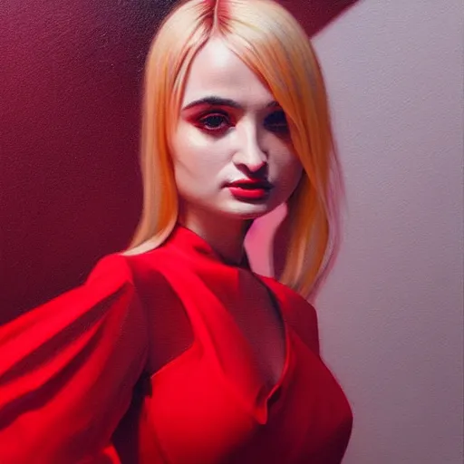 Prompt: UHD Photorealistic Kim Petras wearing a red dress with hyperrealistic, correct details, ultrarealistic dynamic lighting, symmetrical face, accurate face, in the style of art nouveau by Greg Rutkowski