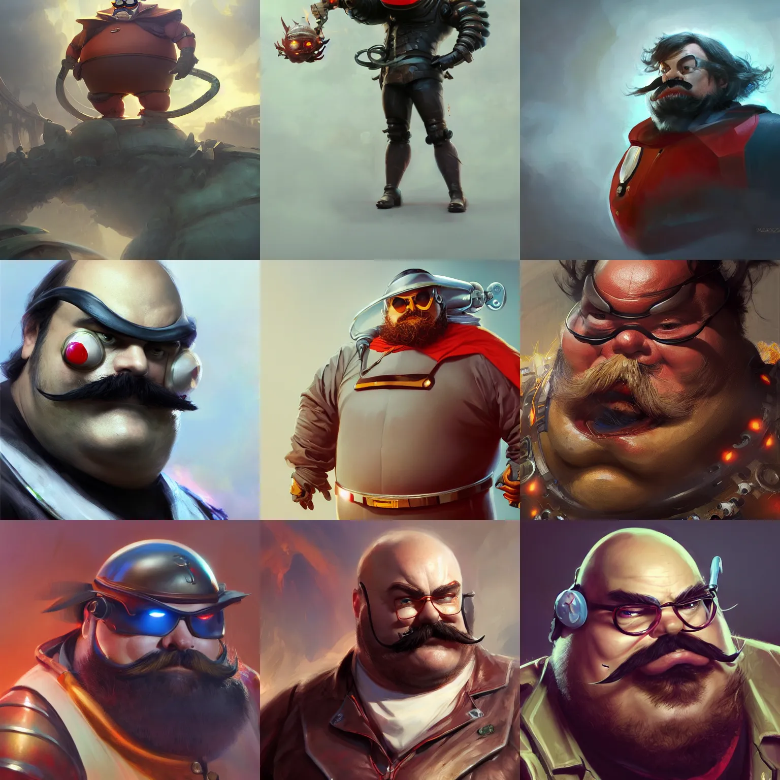 Prompt: jack black as dr robotnik, huge cartoony mustache, 3 d render, hyper - realistic detailed portrait, ruan jia, wlop. scifi, fantasy, magic the gathering, hyper detailed, octane render, concept art, peter mohrbacher