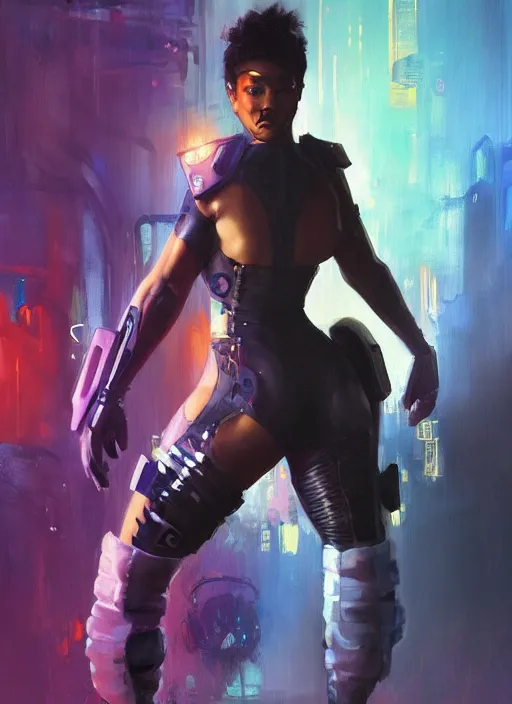 Prompt: black chun li. cyberpunk cop in tactical gear. plastic raincoat. blade runner 2 0 4 9 concept painting. epic painting by james gurney, azamat khairov, and alphonso mucha. artstationhq. painting with vivid color. ( rb 6 s, cyberpunk 2 0 7 7 )