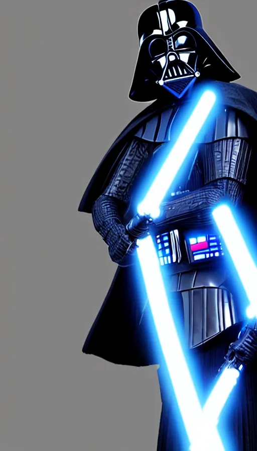 Image similar to A blue Darth Vader suit holding a blue lightsaber, 4k, dark background, 3d, full body,