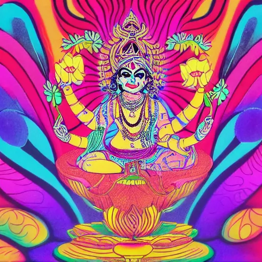 Prompt: indian deity of luck, bright psychedelic colors, lotus pose, risograph, hyperrealis