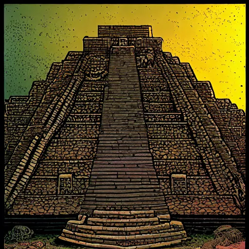 Image similar to precisely drawn illustration of a Mayan temple, wide angle, sharp, fine details, French comic style, cyberpunk, intense line art, 8k, precise linework, realistic, in the style of Richard Corben and Moebius