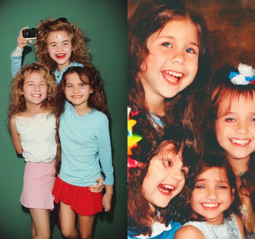 Prompt: 90's Professional Color Photography, Nikon, Two girls smiling for the camera, birthday