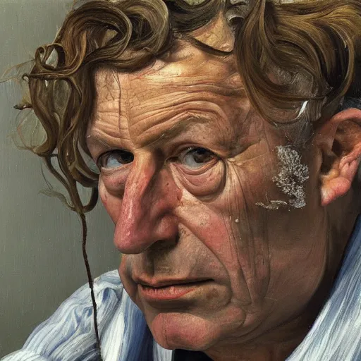 Image similar to high quality high detail painting by lucian freud, hd, about to jump off the roof, photorealistic lighting