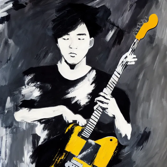 Image similar to large diagonal brush strokes, abstract dark painting of a young korean male musician wearing black tank top holding a telecaster!!! electric guitar!! in a dark room, thick flowing dramatic brush strokes, matte colors, abstract, impressionist, motion, trending on artstation