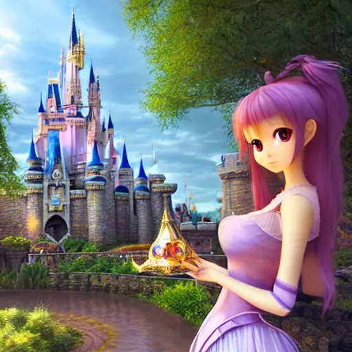 Image similar to a pleasant, beautiful, funny, smooth 3D CG render, semirealistic anime style, a noble priestess magician princess girl wearing dress and jewelry, in a glorious magic kingdom with castle and walls, relaxing calm vibes, fairytale, octane render