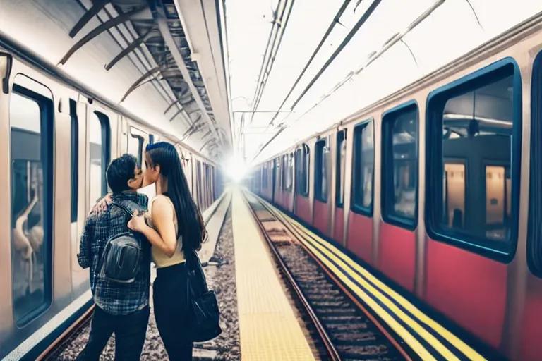 Prompt: vfx movie couple in a train station flat color profile edge lit cinematography