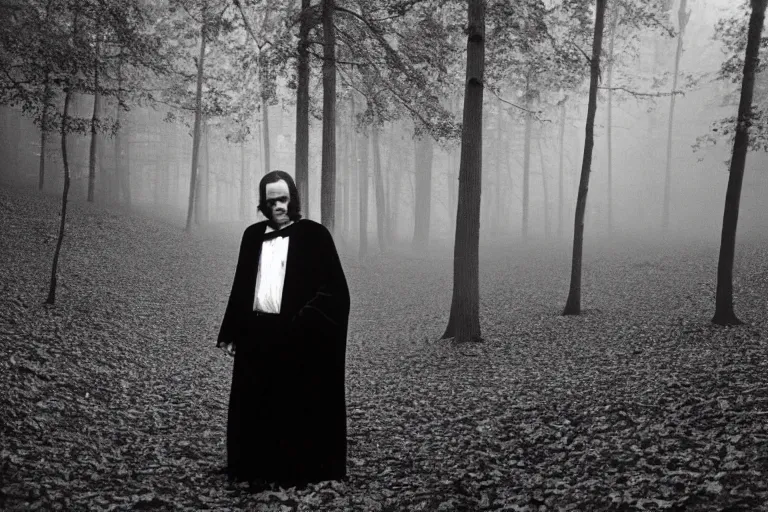 Image similar to vintage kodak film photography from 7 0 s with pro mist filter, close - up man in black robe portrait, forest, in style of joel meyerowitz