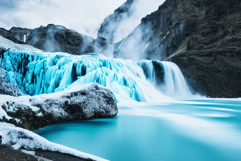 Image similar to photo of a landscape with mountains with waterfalls and snow on top, wallpaper, very very wide shot, blue glacier, iceland, new zeeland, green flush moss, professional landscape photography, sunny, day time, beautiful