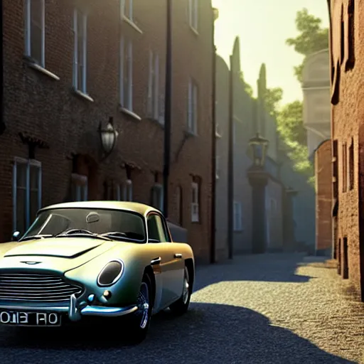 Image similar to a wholesome animation key shot of a toy aston martin db 5, in a rich london mews residential street, medium range, studio ghibli, ( pixar ) and disney animation, sharp, very detailed, unreal engine 5 render, bloom, high resolution, anime key art by greg rutkowski