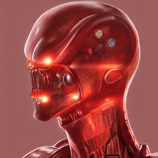 Image similar to sophisticated portrait of glowing, warm, reddish, atmospheric, misty, leds, futuristic cybernetic warrior alien in profile, highly intricate, detailed humanoid, trending on artstation