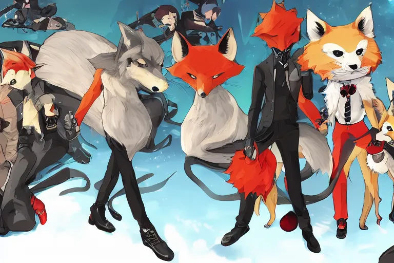 Image similar to a furry tan male fox on a persona 5 : royal ( by atlus ) video game splash screen, a furry male sandcolored tan fox fursona ( has hair ), persona 5 phantom thief style