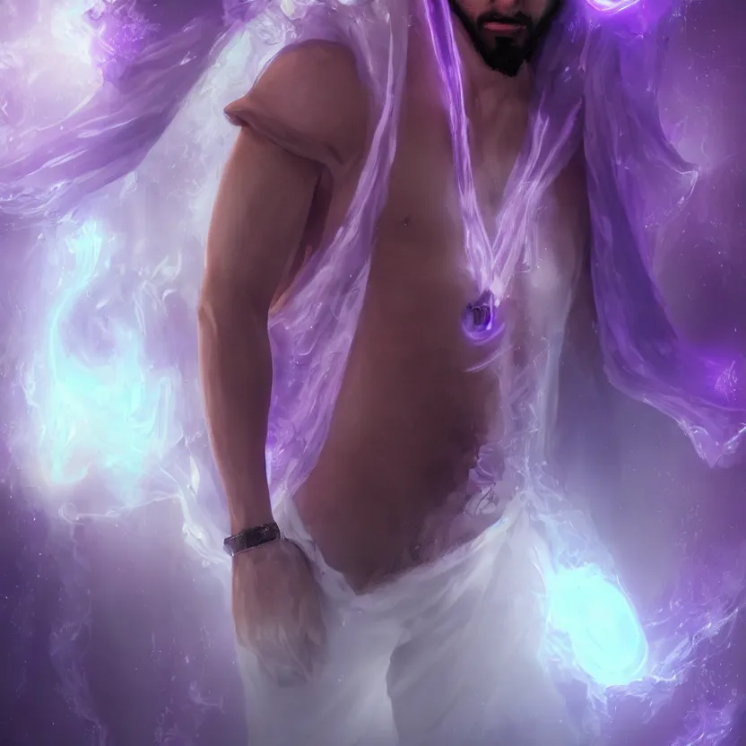 Image similar to Arabic male young adult with long beard and purple glimmering robes, hyperrealistic white lighting, treanding on artstationhq