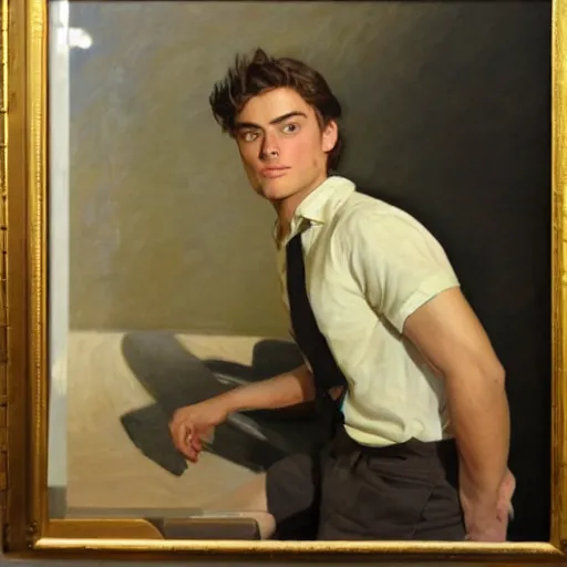 Image similar to Harold knight painting of zach efron posing in a studio,