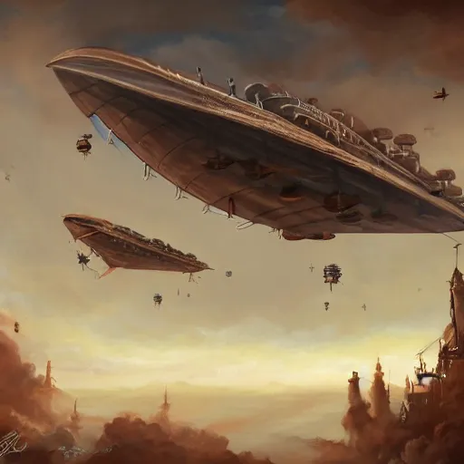 Image similar to a painting of a large steampunk airship fighting another airship in the sky, by charlie bowater, 4 k