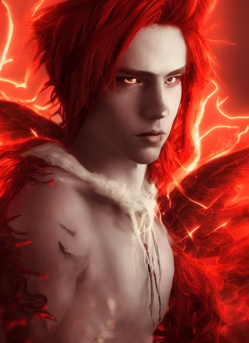 Prompt: An epic fantasy comic book style portrait painting of a young fairy boy with red wings, pointy red hair, white glowing eyes, red long hair red coat. Unreal 5, DAZ, hyperrealistic, octane render, cosplay, RPG portrait, dynamic lighting
