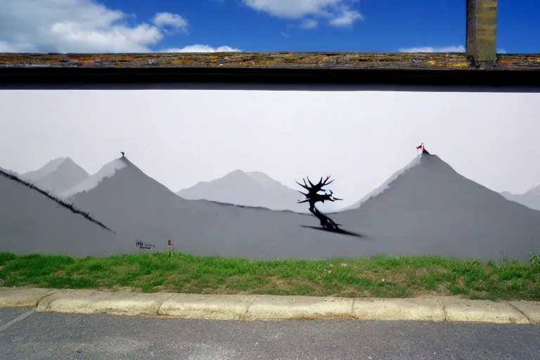 Image similar to wall painting, beautiful nature landscape, grey street wall, rule of thirds, art by banksy