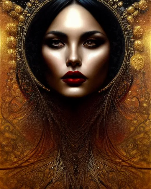 Image similar to portrait of a beautiful goddess, enigmatic beauty, dominant shades of black, gold, silver, dark red, white, head in focus, fantasy art, ornamental aesthetics, intricate, elegant, highly detailed, hyperrealistic painting, artstation, concept art, painterly, sharp focus, illustration, art by karol bak