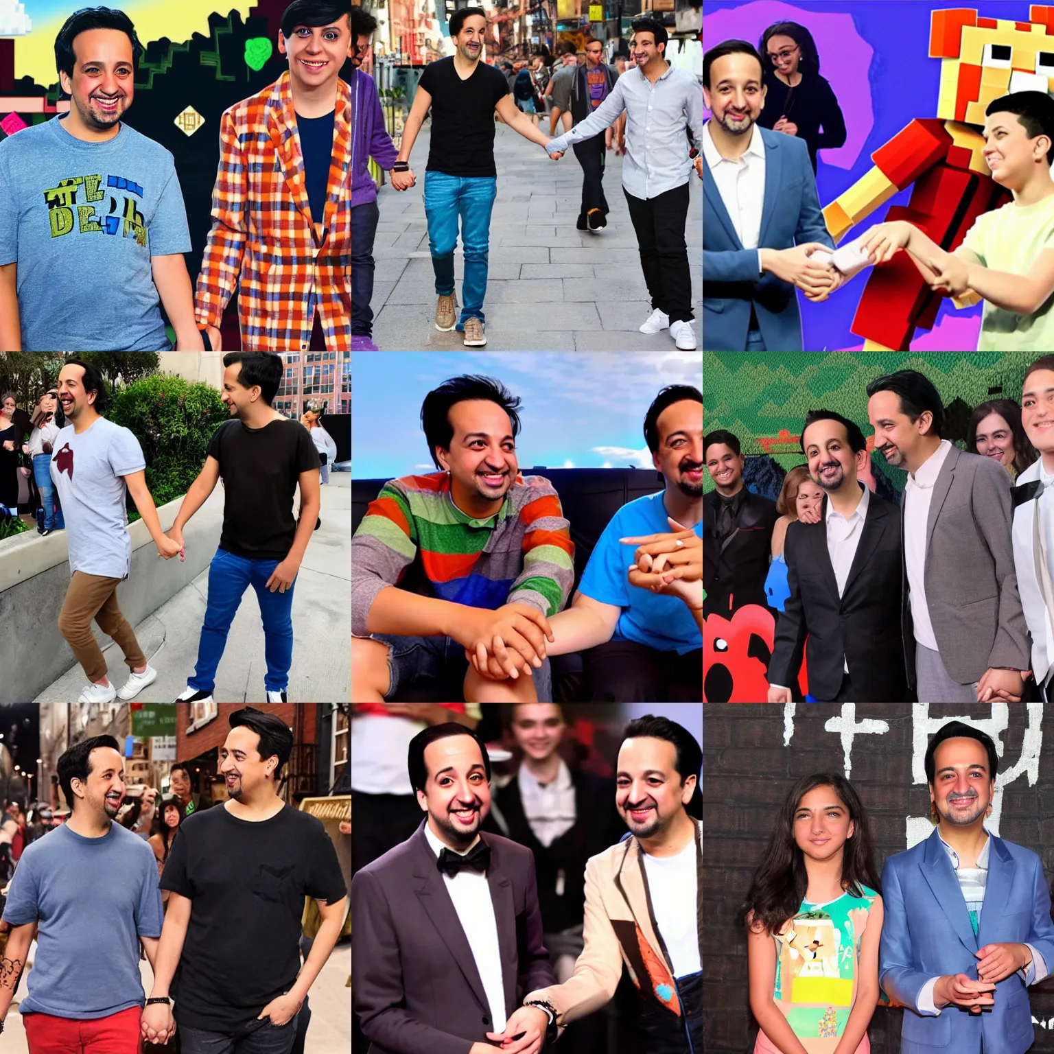 Prompt: lin manuel miranda holding hands with minecraft youtuber Dream