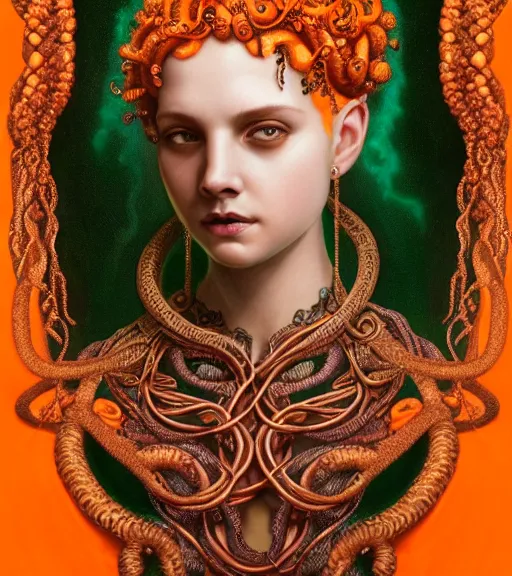 Image similar to portrait of teenage medusa, bald, raised eyebrow, wicked smile, black snakes cover her head, wearing an embroidered orange tunic, intricate, elegant, copper and emerald jewelry, glowing lights, highly detailed, digital painting, artstation, concept art, smooth, sharp focus, illustration, art by wlop, mucha, artgerm, and greg rutkowski