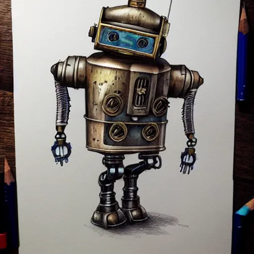 Image similar to hyper realistic pencil drawing of a steampunk robot waving, water color, full portrait, detailed, rim light, diffused, intricate, by anna dittmann,