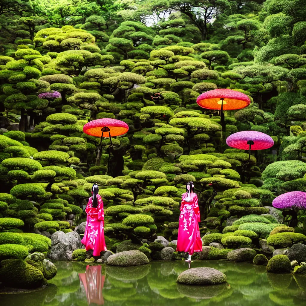 Image similar to A photo of a magical lush Japanese temple garden with a large mystical temple in the center, hazy, dreamy feeling, glowing colorful lanterns, 1 girl wearing a Gucci dress and umbrella exploring, mystical feeling, designed by Gucci, Wes Anderson, and Petra Collins, 8k