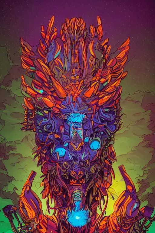 Image similar to totem animal tribal chaman vodoo mask feather gemstone plant wood rock video game illustration vivid color borderlands by josan gonzales and dan mumford radiating a glowing aura