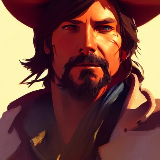 Image similar to mccree from overwatch, highly detailed, digital painting, artstation, concept art, sharp focus, illustration, art by greg rutkowski and alphonse mucha