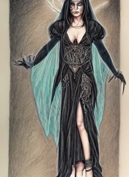 Prompt: full body detailed colored pencil drawing of a d & d styled beautiful dark magic witch with a beautiful face wearing intricate clothing