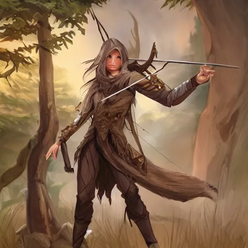 Prompt: D&D character concept art of a wood elf, sly archer, brown skin color with short three banches and a fluffy coat, fighting pose of a archer shooting, natural clothes blending in, full body pose, soft colors, fantasy, intricate, elegant, highly detailed, digital painting, artstation, concept art, smooth, sharp focus, illustration, wide angle shot, full body visible, art by artgerm and H R Giger and alphonse mucha