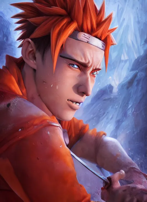 Image similar to ( ( ( hyperrealist cg an epic fantasy comic book style portrait painting of a naruto ) ) ) by daniel f. gerhartz and matt stewart, fantasy, photorealistic, octane render, unreal engine, dynamic lighting, perfect factions, very detailed faces, trending on artstation, poster, volumetric lighting, 4 k, award winning