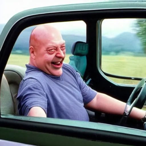 Prompt: Photo of excited Homer Simpson sitting in the driver seat of a LADA VAZ-1111