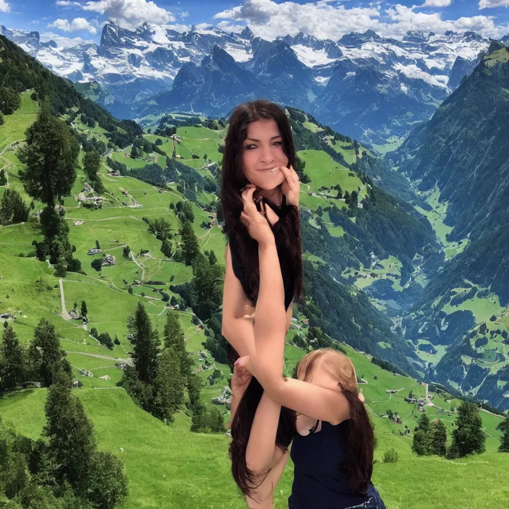 Image similar to A girl that looks like the mona lisa with beautiful switzerland landscape in the background