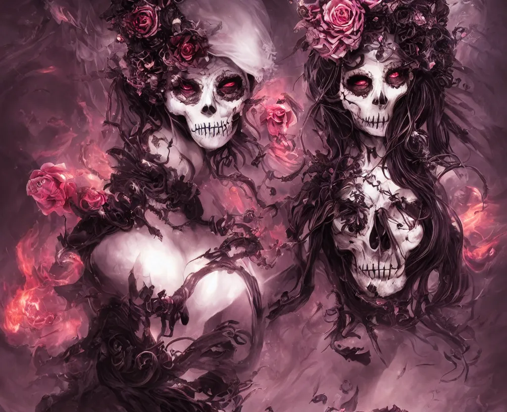 Image similar to a chaotic goddess of death skull black rose s day of the dead atmospheric, dramatic, concept art by a professional manga illustrator, Stanley Artgerm Lau, WLOP, Rossdraws, James Jean, Andrei Riabovitchev, Marc Simonetti, and Sakimichan hyperrealist, cinema4D, 8k highly detailed ❤️‍🔥 🔥 💀 🤖 🚀