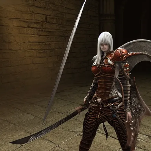 Image similar to demon souls warrior woman sword large dragon, 4 k highly detailed raytracing wide angle