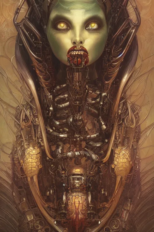 Image similar to portrait of mad alien robot queen, symmetrical, by yoichi hatakenaka, juan gimenez, brom, karol bak, alphone mucha, gustave dore