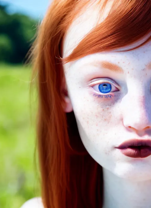 Image similar to close up portrait photograph of a thin young redhead woman with russian descent, sunbathed skin, with deep blue symmetrical!! eyes with round!! Black!! Pupils, and Wavy long maroon colored hair who looks directly at the camera, with a Slightly open mouth, face takes up half of the photo. a park visible in the background. 55mm nikon. Intricate. Very detailed 8k texture. Sharp. Cinematic post-processing. Award winning portrait photography. Sharp eyes.