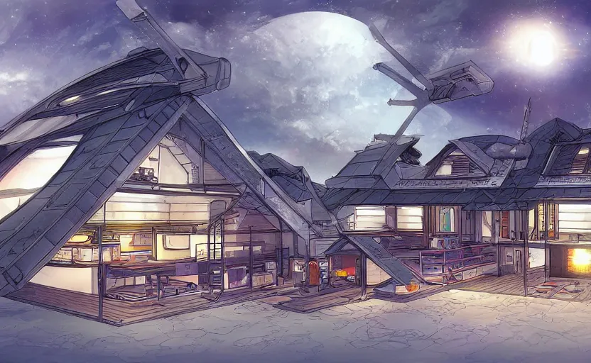 Image similar to house build on a spaceship, by akira toriyama, artstation, digital painting