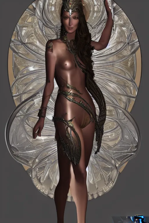 Image similar to a portrait of a beautiful ancient alien woman goddess bella hadid venus standing in iris van herpen dress jewelery and fractals in style of alphonse mucha art nuvo dmt trending on artstation made in unreal engine 4