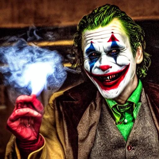 Image similar to joker, smiling, unnatural grin, horror, creepy, smoke, black, dark, glow